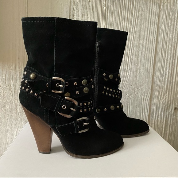 Steve Madden Black Studded Suede Rustik Boots with Chunky Block Heel Size 8.5M - Picture 4 of 16